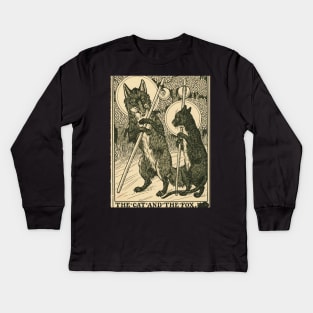 THE CAT AND THE FOX Forest Animals Black White Floral Kids Long Sleeve T-Shirt